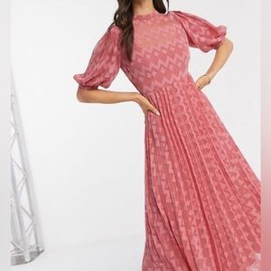 ASOS high neck pleated chevron dobby midi dress with puff sleeve in tea rose